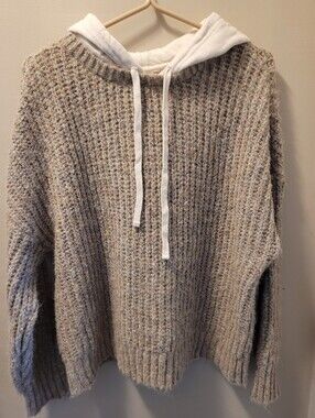 Aerie Chunky Knit Hooded Pullover - Beige with White Hood